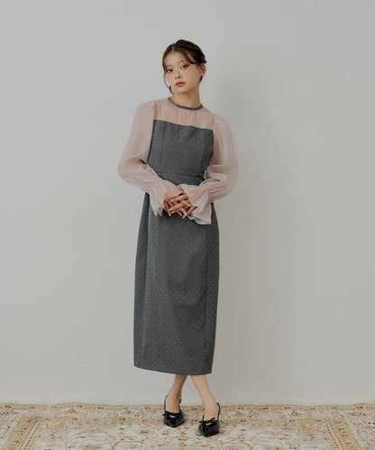 【/SALON by Chico】拼色透視修身長款連衣裙/宴會禮服