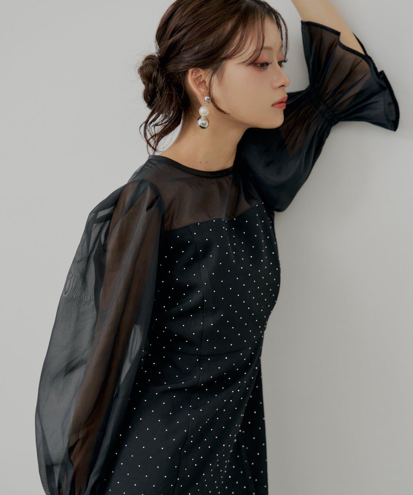 【/SALON by Chico】拼色透視修身長款連衣裙/宴會禮服