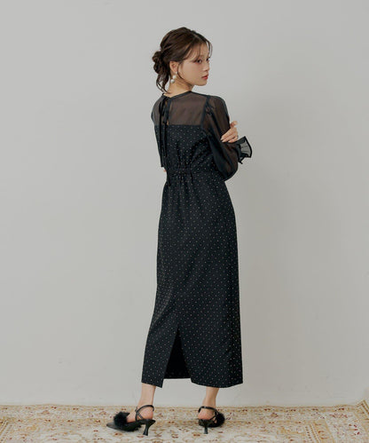 【/SALON by Chico】拼色透視修身長款連衣裙/宴會禮服