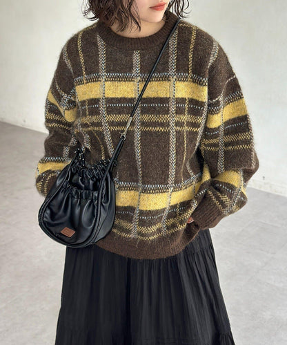 仿馬海毛格紋針織套頭衫