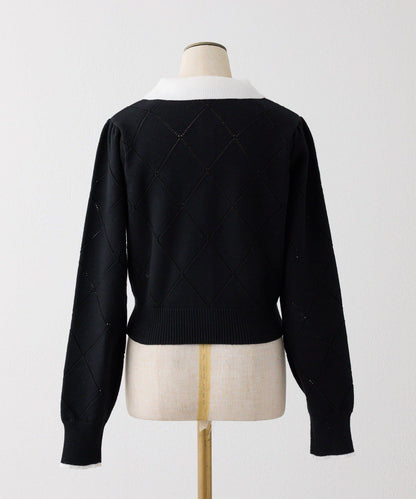 拼色寶石裝飾針織POLO衫