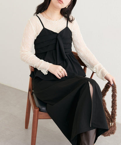 【natural couture】蝴蝶結吊帶背心+蕾絲波浪邊T恤套裝