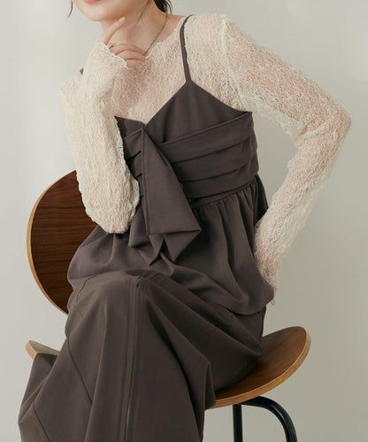 【natural couture】蝴蝶結吊帶背心+蕾絲波浪邊T恤套裝