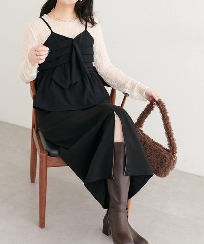 【natural couture】蝴蝶結吊帶背心+蕾絲波浪邊T恤套裝