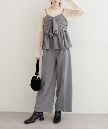 【natural couture】蝴蝶結吊帶背心+蕾絲波浪邊T恤套裝