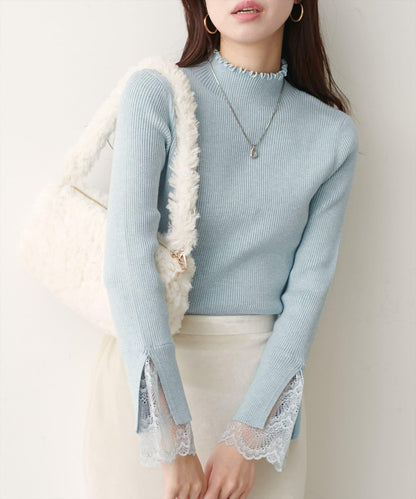 袖口蕾絲柔軟羅紋高領衫