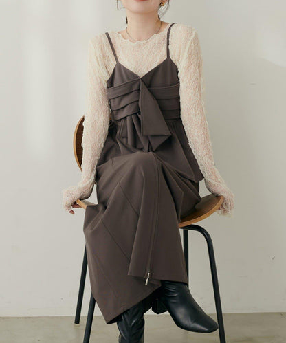 【natural couture】蝴蝶結吊帶背心+蕾絲波浪邊T恤套裝