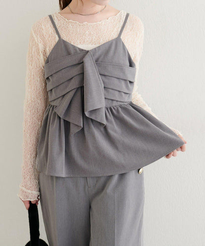 【natural couture】蝴蝶結吊帶背心+蕾絲波浪邊T恤套裝