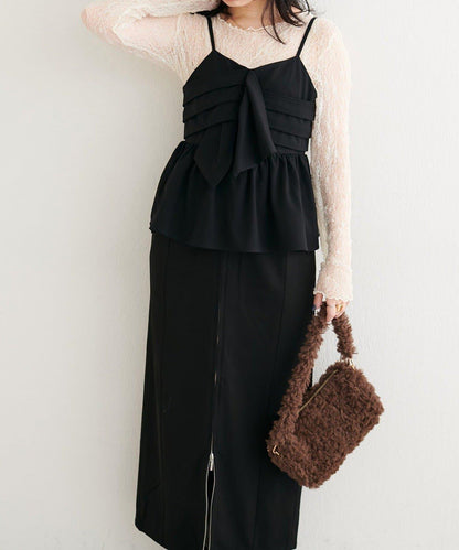 【natural couture】蝴蝶結吊帶背心+蕾絲波浪邊T恤套裝