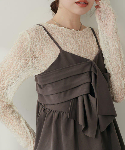 【natural couture】蝴蝶結吊帶背心+蕾絲波浪邊T恤套裝