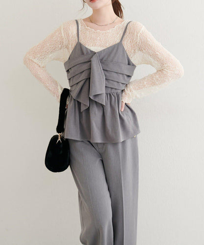 【natural couture】蝴蝶結吊帶背心+蕾絲波浪邊T恤套裝