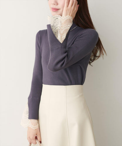 袖口蕾絲柔軟羅紋高領衫