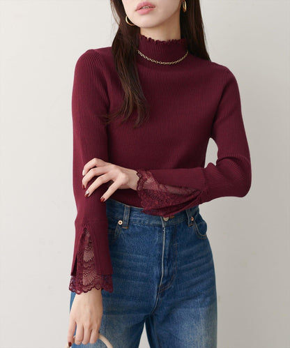袖口蕾絲柔軟羅紋高領衫