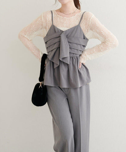 【natural couture】蝴蝶結吊帶背心+蕾絲波浪邊T恤套裝