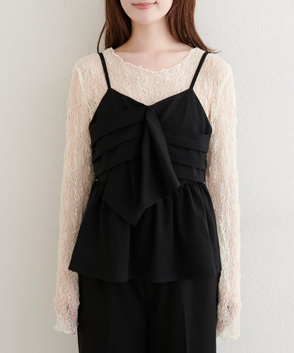 【natural couture】蝴蝶結吊帶背心+蕾絲波浪邊T恤套裝