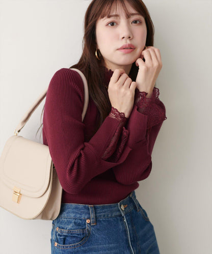 袖口蕾絲柔軟羅紋高領衫