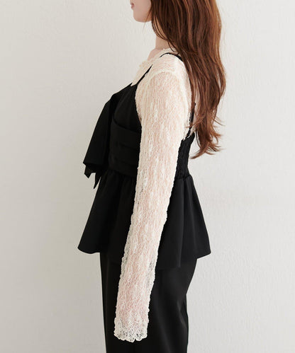 【natural couture】蝴蝶結吊帶背心+蕾絲波浪邊T恤套裝