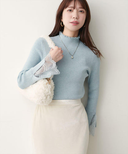 袖口蕾絲柔軟羅紋高領衫