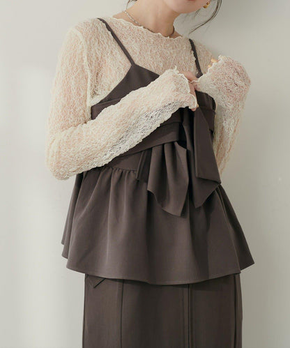 【natural couture】蝴蝶結吊帶背心+蕾絲波浪邊T恤套裝