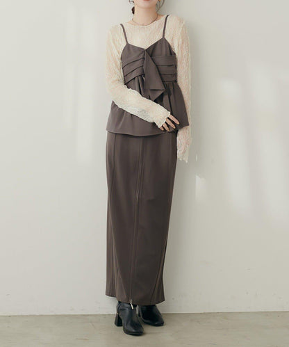 【natural couture】蝴蝶結吊帶背心+蕾絲波浪邊T恤套裝