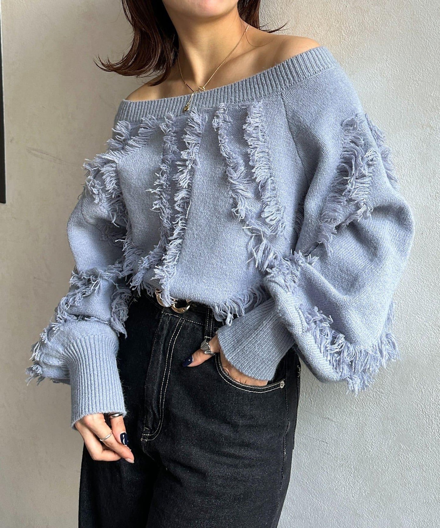 波浪流蘇短款針織衫
