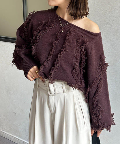 波浪流蘇短款針織衫