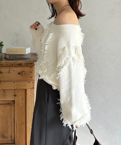 波浪流蘇短款針織衫