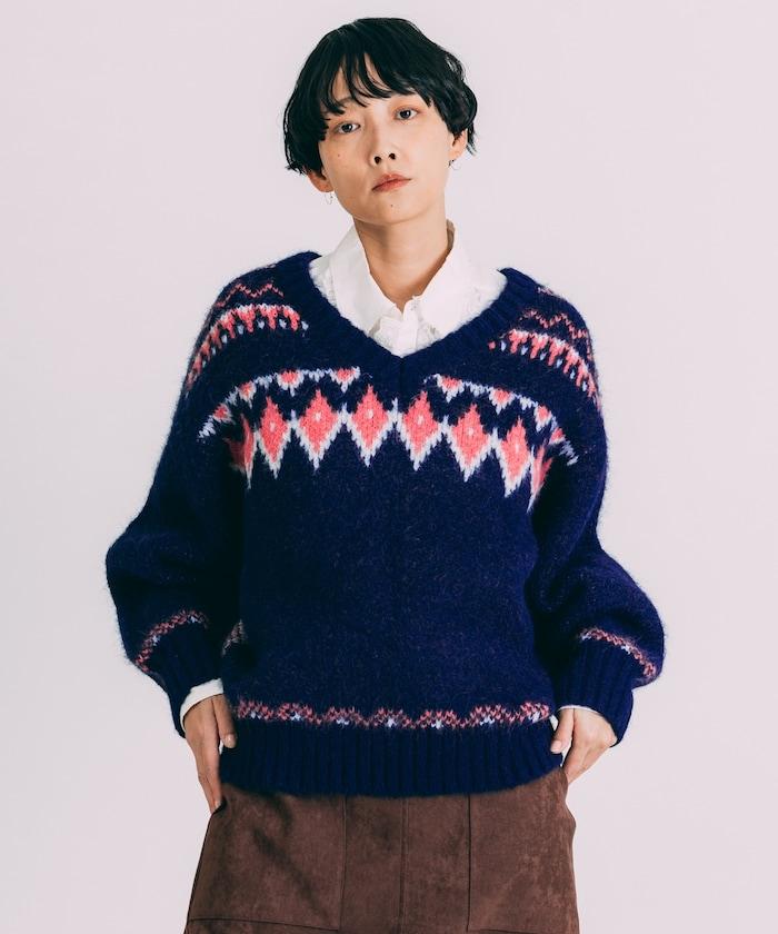 V領拼色北歐圖案針織衫