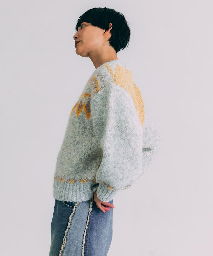 V領拼色北歐圖案針織衫