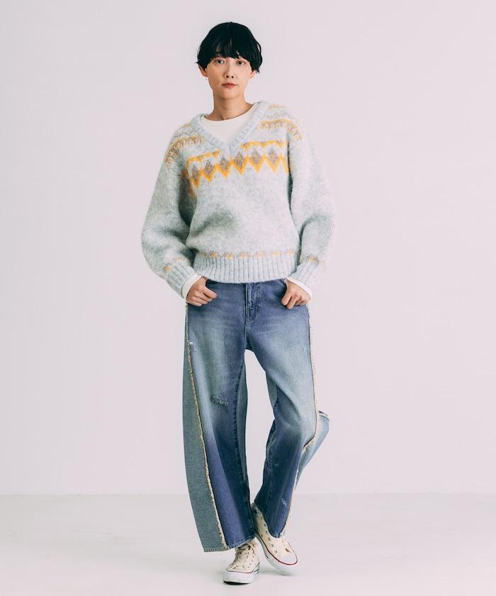 V領拼色北歐圖案針織衫