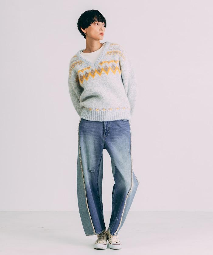 V領拼色北歐圖案針織衫