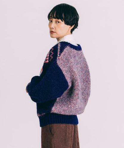 V領拼色北歐圖案針織衫