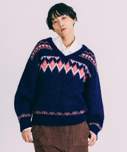 V領拼色北歐圖案針織衫