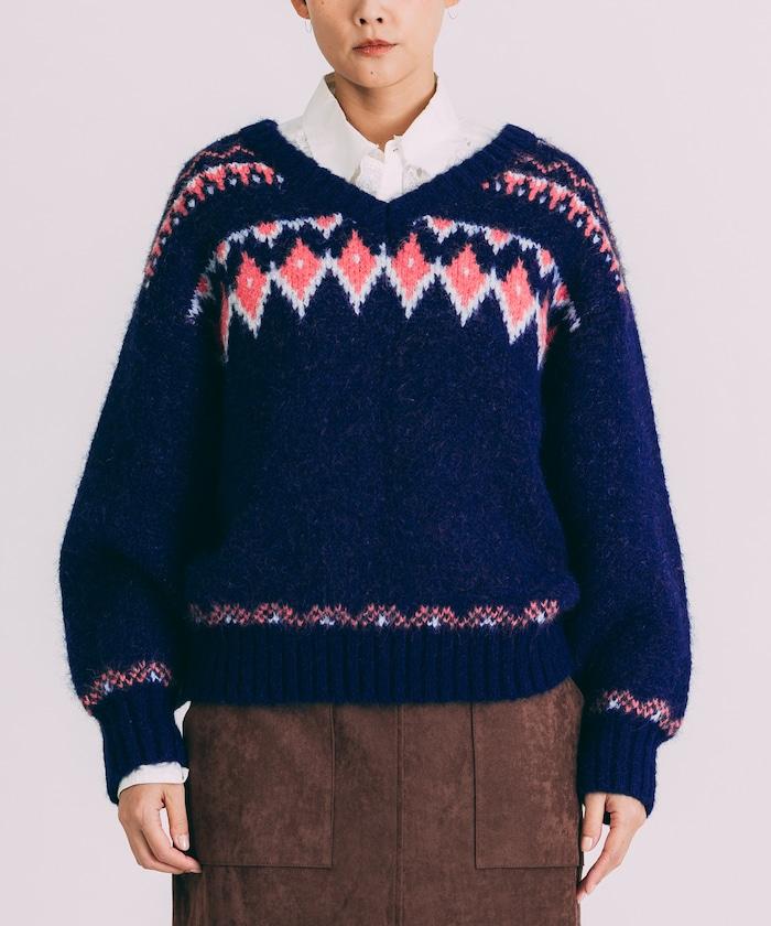 V領拼色北歐圖案針織衫