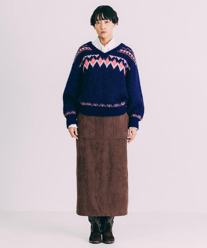 V領拼色北歐圖案針織衫