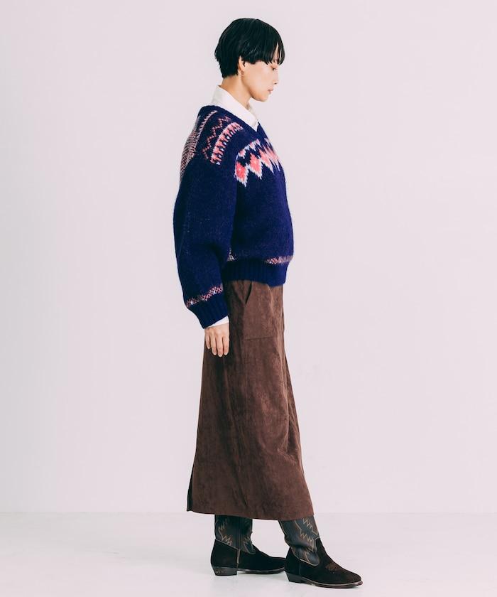 V領拼色北歐圖案針織衫