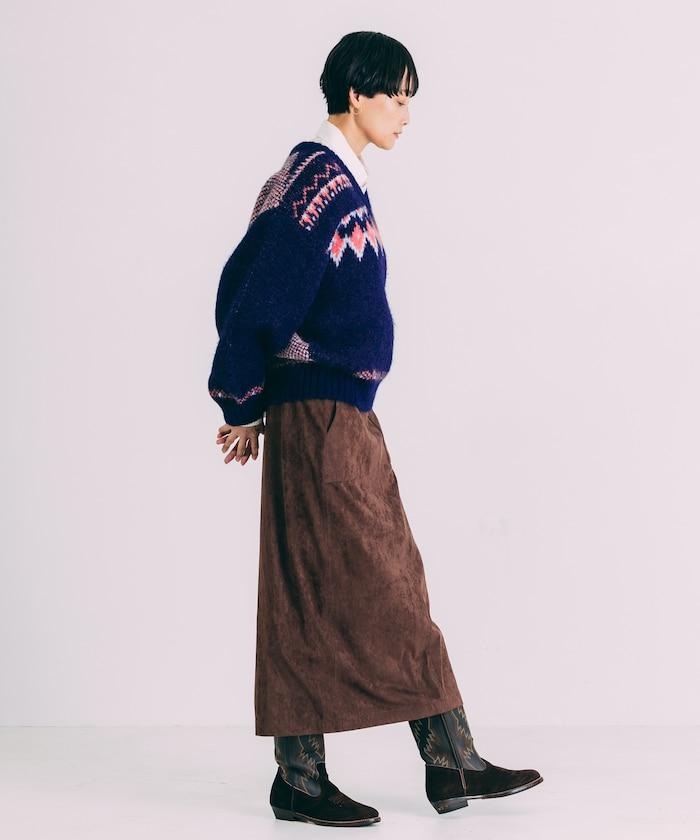 V領拼色北歐圖案針織衫