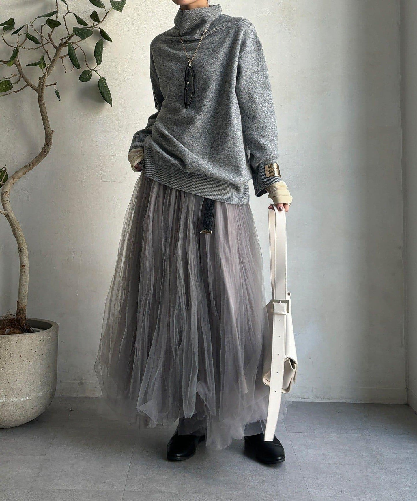 羊毛混紡高領長款上衣