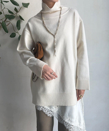 羊毛混紡高領長款上衣