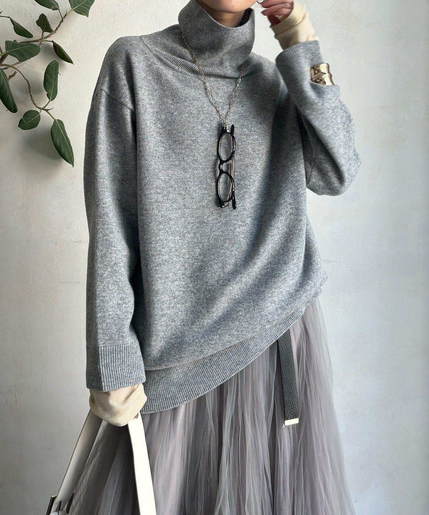 羊毛混紡高領長款上衣