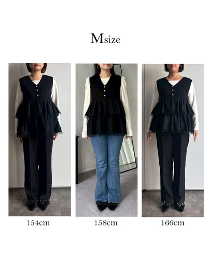 珍珠紐扣網紗荷葉邊V領背心