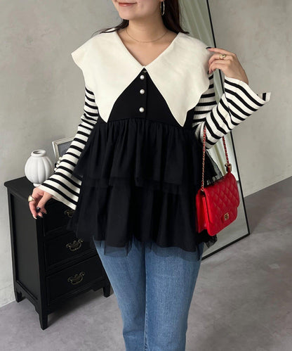 珍珠紐扣網紗荷葉邊V領背心