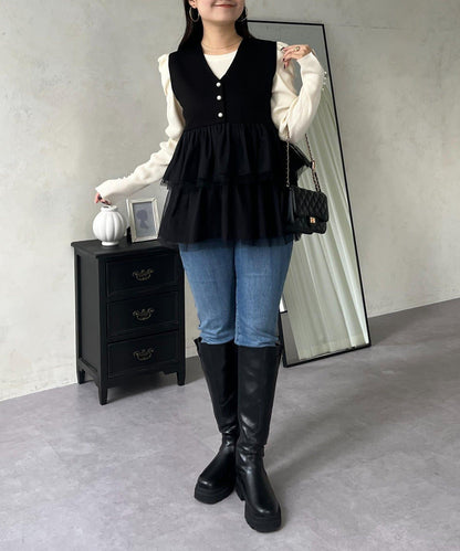 珍珠紐扣網紗荷葉邊V領背心