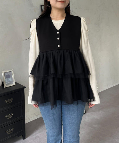 珍珠紐扣網紗荷葉邊V領背心