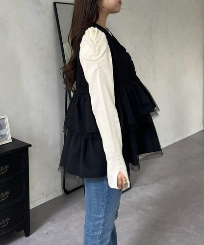 珍珠紐扣網紗荷葉邊V領背心