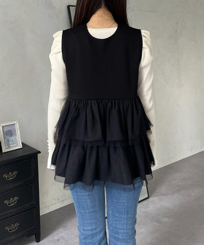 珍珠紐扣網紗荷葉邊V領背心