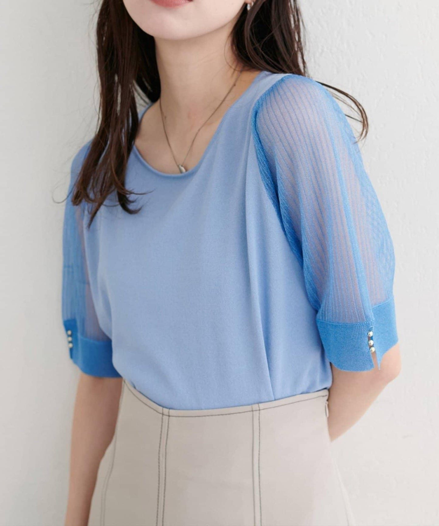 【natural couture】透視羅紋袖金屬釦針織衫