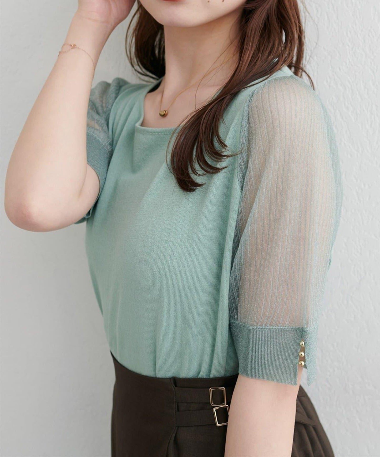 【natural couture】透視羅紋袖金屬釦針織衫