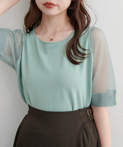 【natural couture】透視羅紋袖金屬釦針織衫