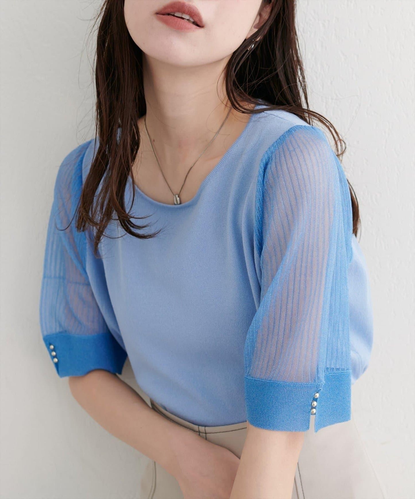 【natural couture】透視羅紋袖金屬釦針織衫